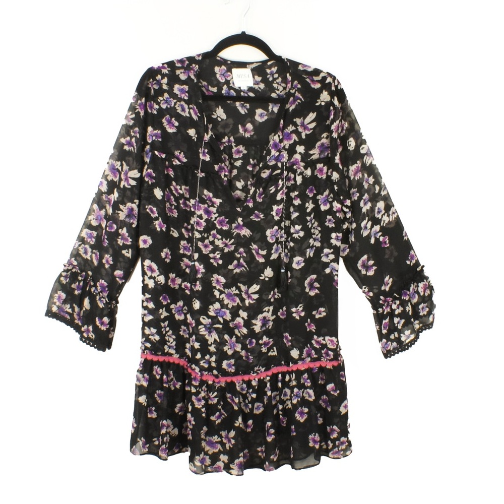 Misa Gallo Floral Black Boho Drop Waist Sheer Long Sleeve Mini Dress - Picture 8 of 10